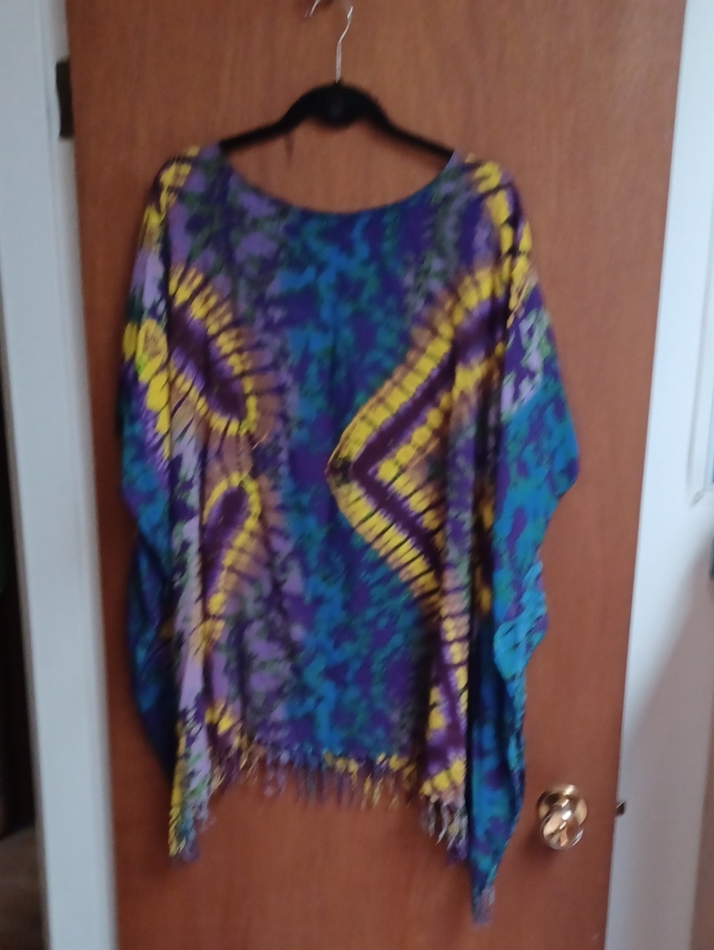 Vibrant Tie-Dye Boho Poncho in Purple, Teal & Yellow